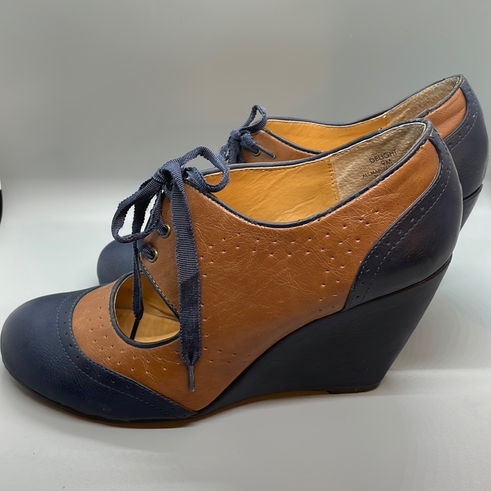Crown Vintage DELIGHT Women's Blue&Tan Mary Jane Wedge Shoes US size 9M